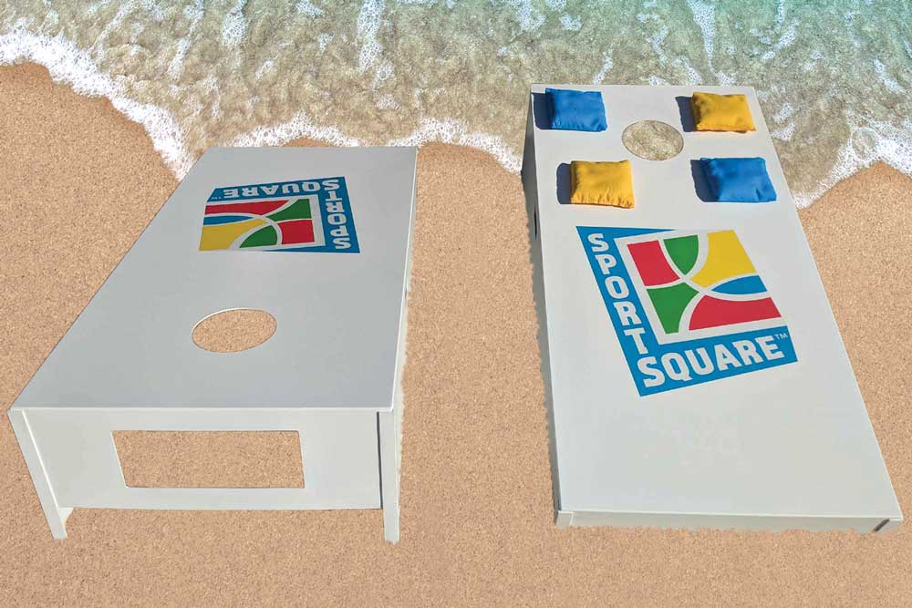 Sport Square commercial cornhole set with full color custom branded logo | R&R Commercial Game Tables